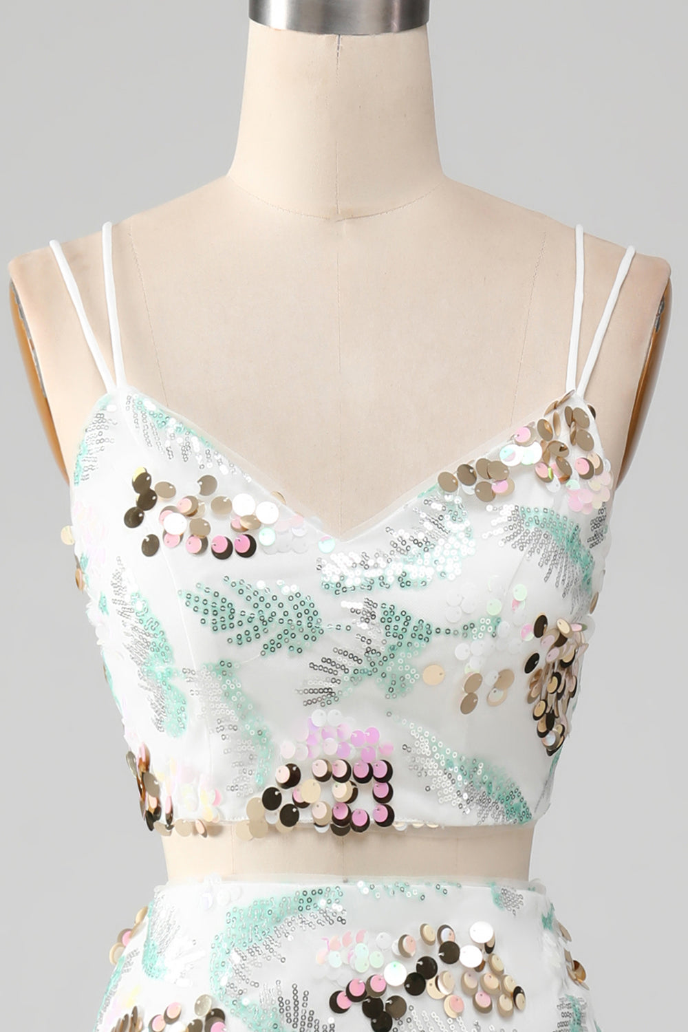 Vestido de fiesta de sirena brillante blanco de dos piezas con abertura