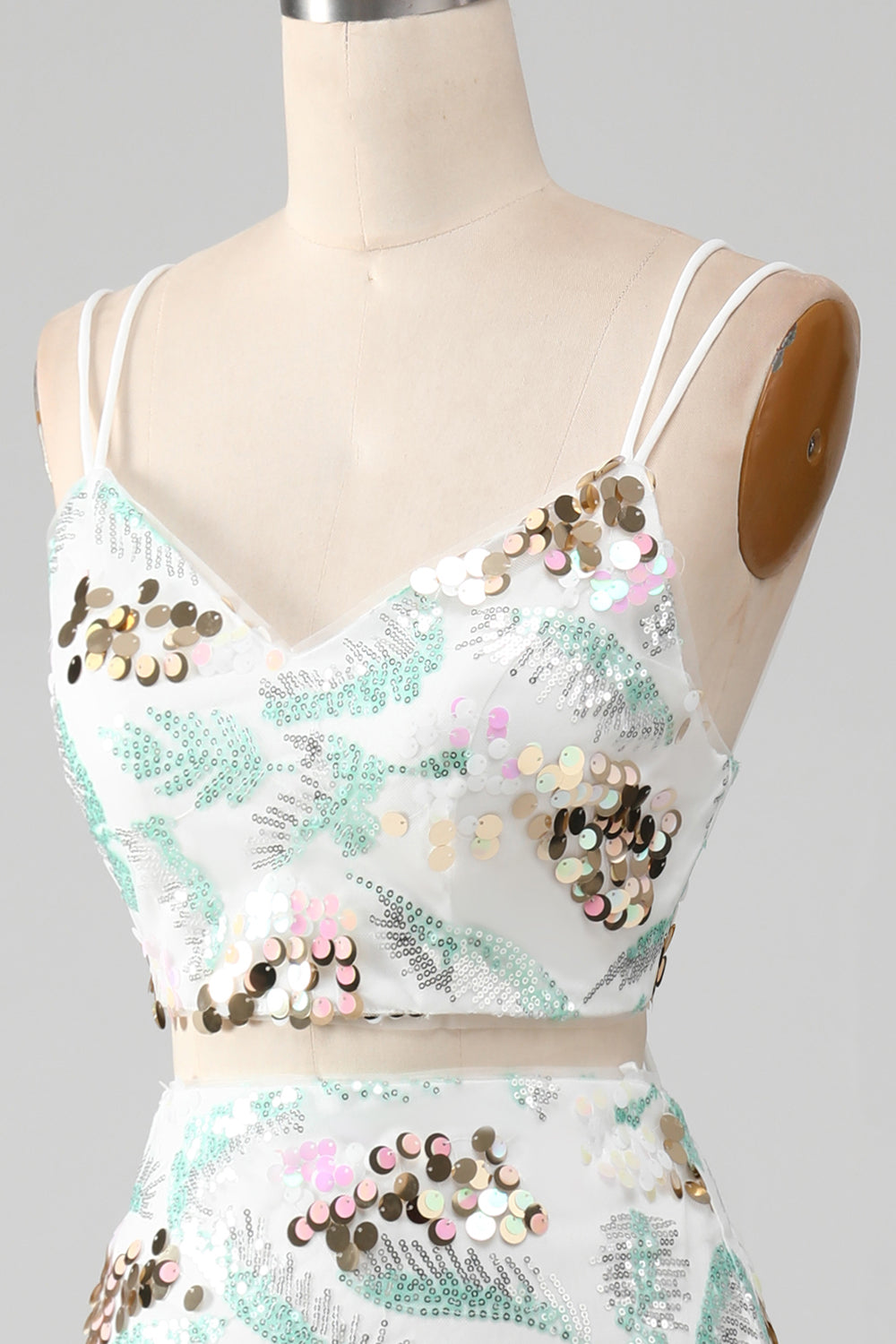 Vestido de fiesta de sirena brillante blanco de dos piezas con abertura