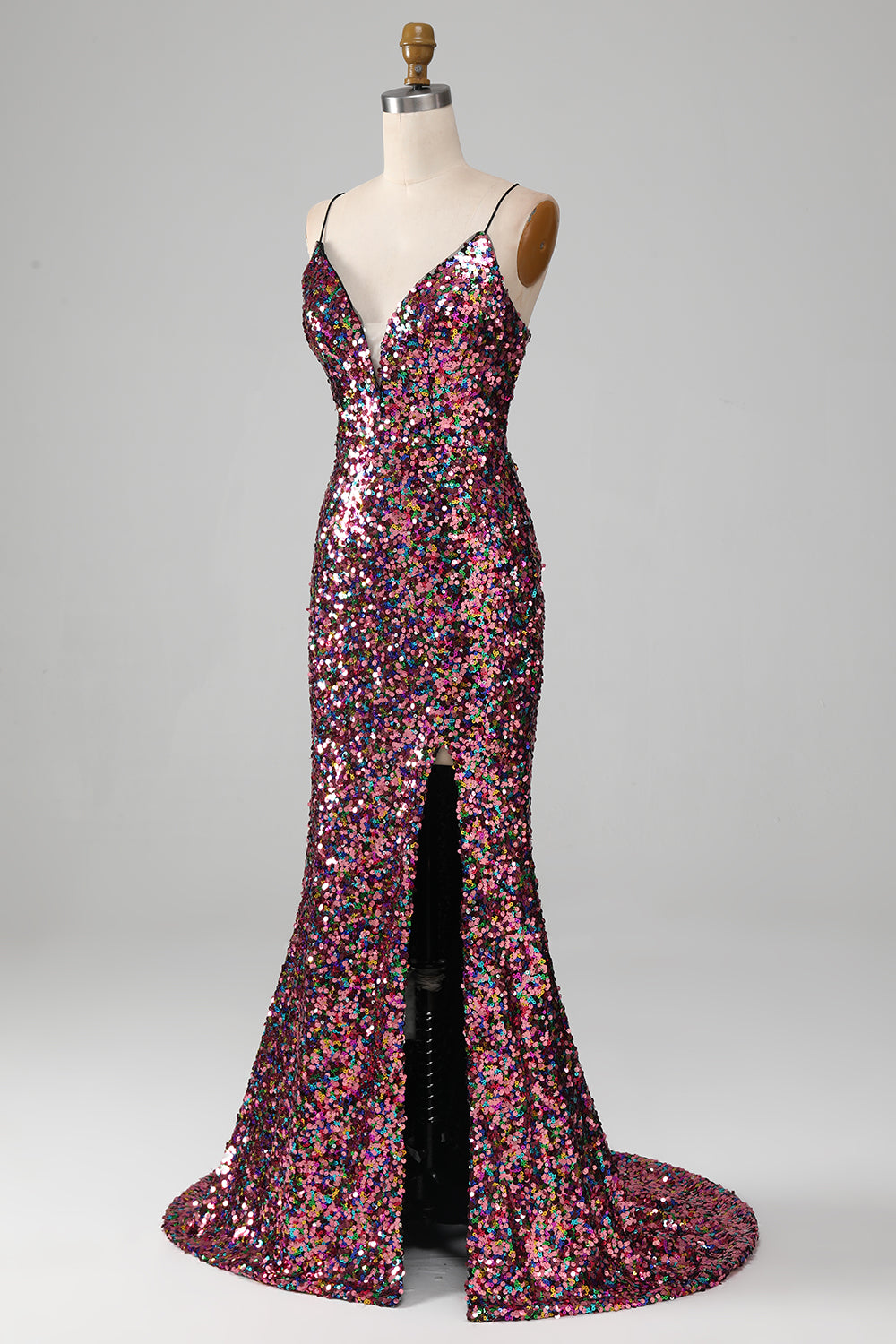 Vestido de fiesta brillante de sirena púrpura con abertura