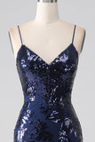 Vestido de fiesta de lentejuelas de lentejuelas brillantes con tirantes de espagueti con abertura