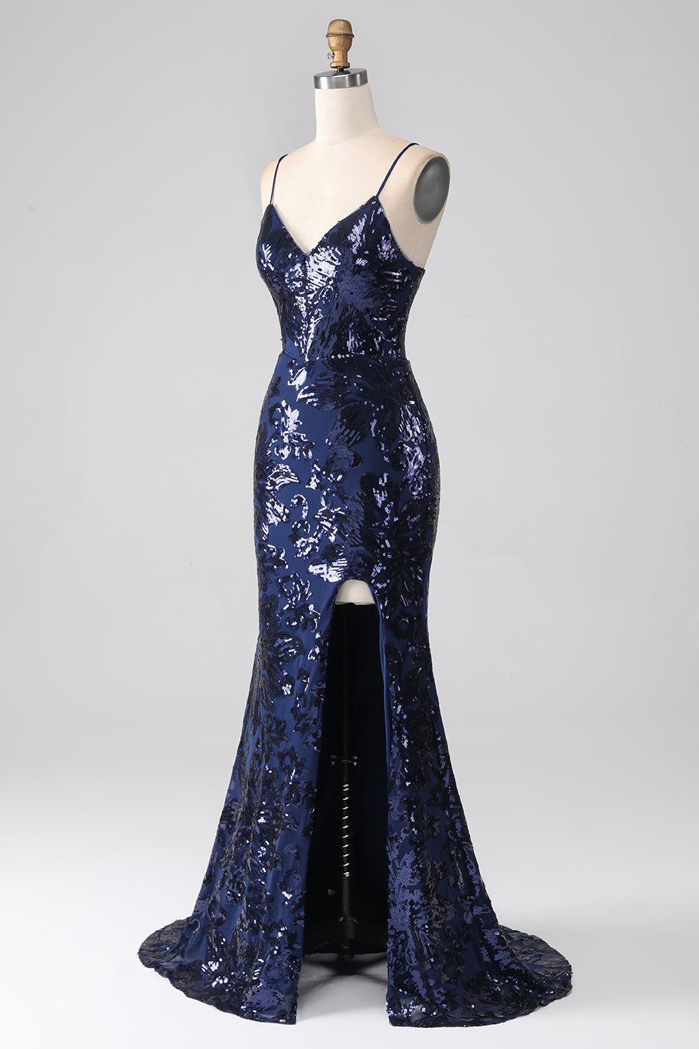 Vestido de fiesta de lentejuelas de lentejuelas brillantes con tirantes de espagueti con abertura
