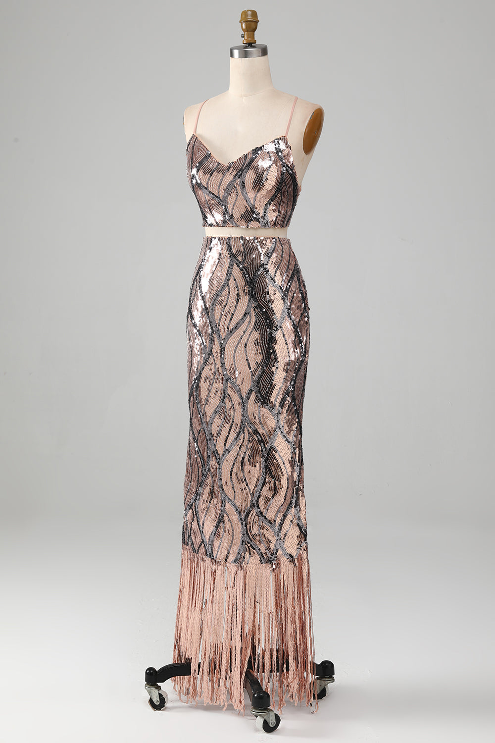 Vestido de fiesta de dos piezas brillante con flecos