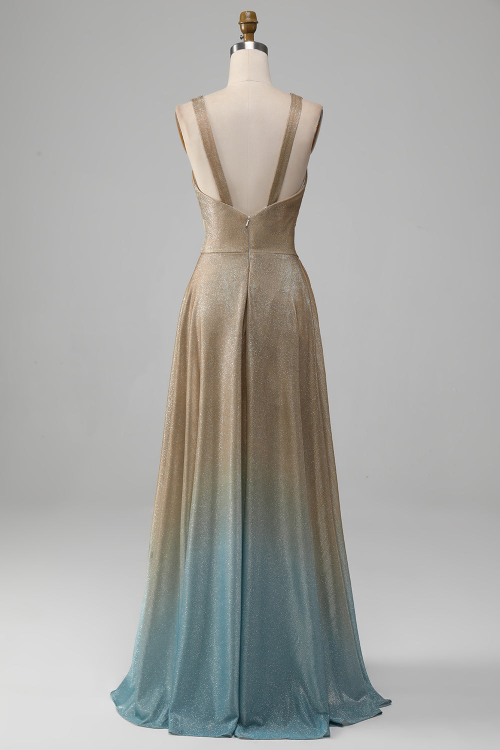 Vestido de fiesta dorado con escote en V con purpurina y abertura