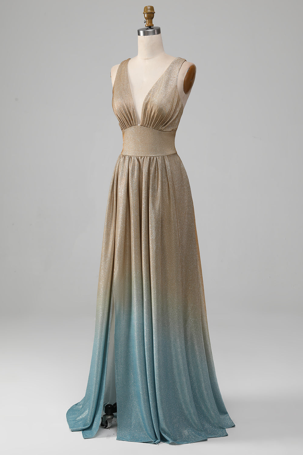 Vestido de fiesta dorado con escote en V con purpurina y abertura