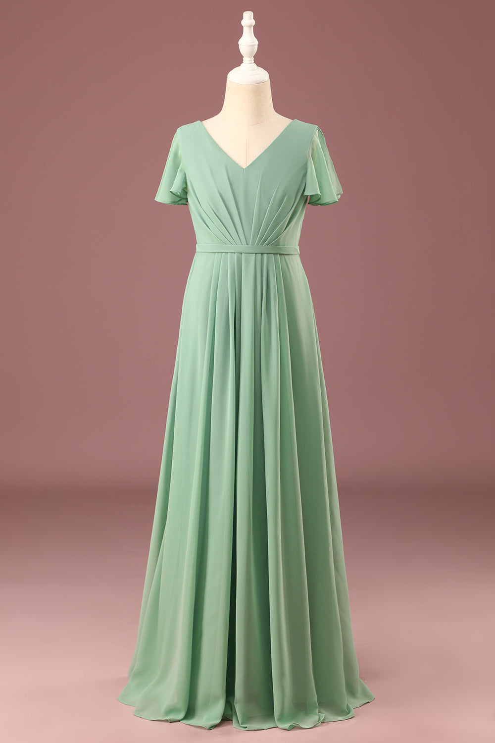Matcha largo A-line Chiffon V-neck Mangas cortas Junior Bridesmaid Dress