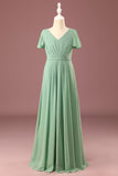 Matcha largo A-line Chiffon V-neck Mangas cortas Junior Bridesmaid Dress