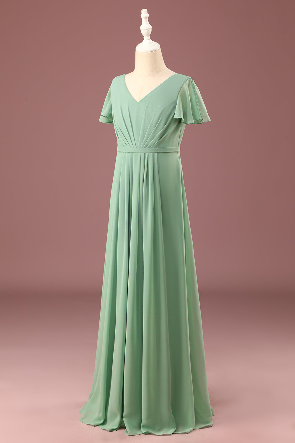 Matcha largo A-line Chiffon V-neck Mangas cortas Junior Bridesmaid Dress