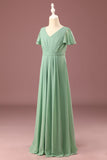 Matcha largo A-line Chiffon V-neck Mangas cortas Junior Bridesmaid Dress