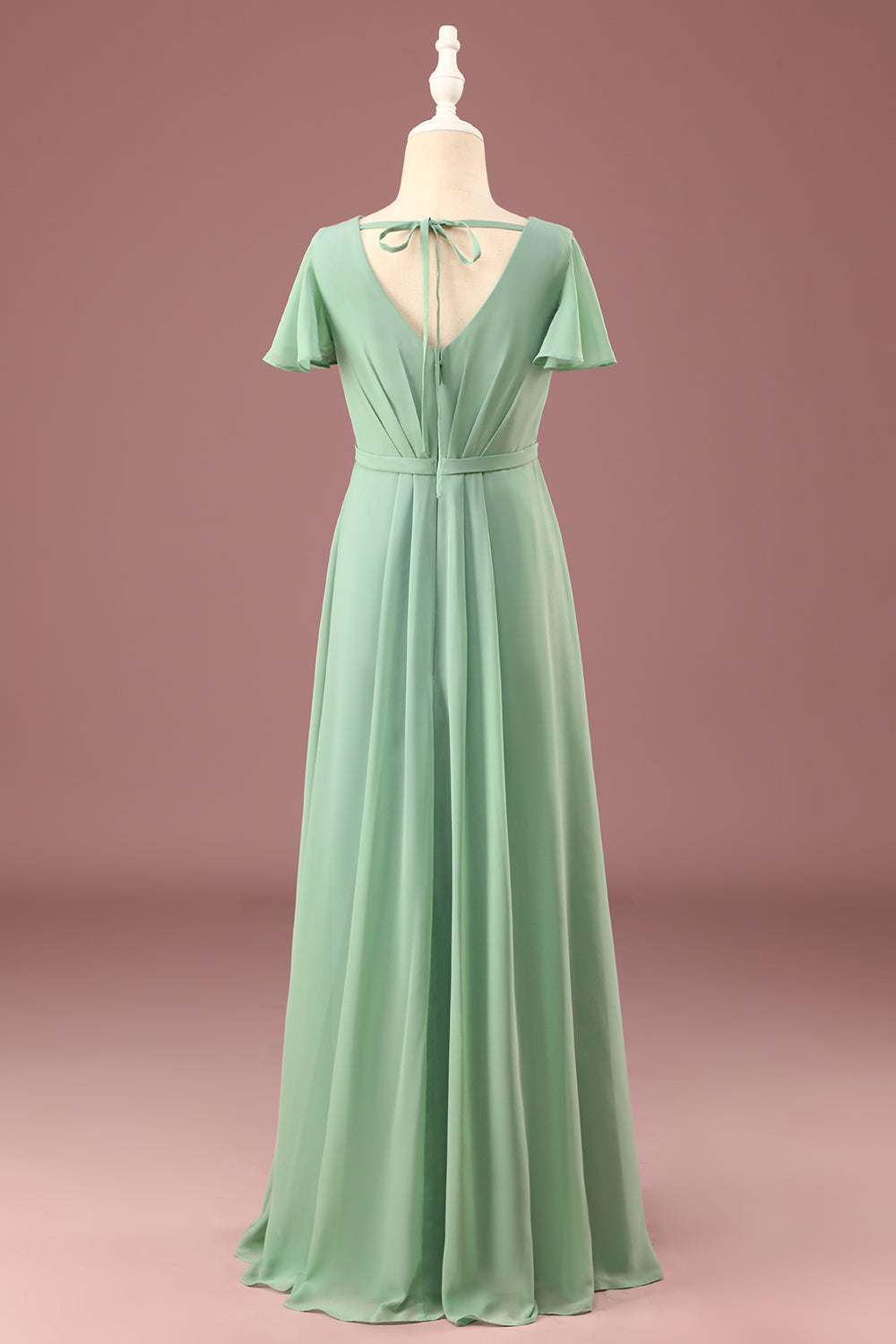 Matcha largo A-line Chiffon V-neck Mangas cortas Junior Bridesmaid Dress