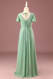 Matcha largo A-line Chiffon V-neck Mangas cortas Junior Bridesmaid Dress