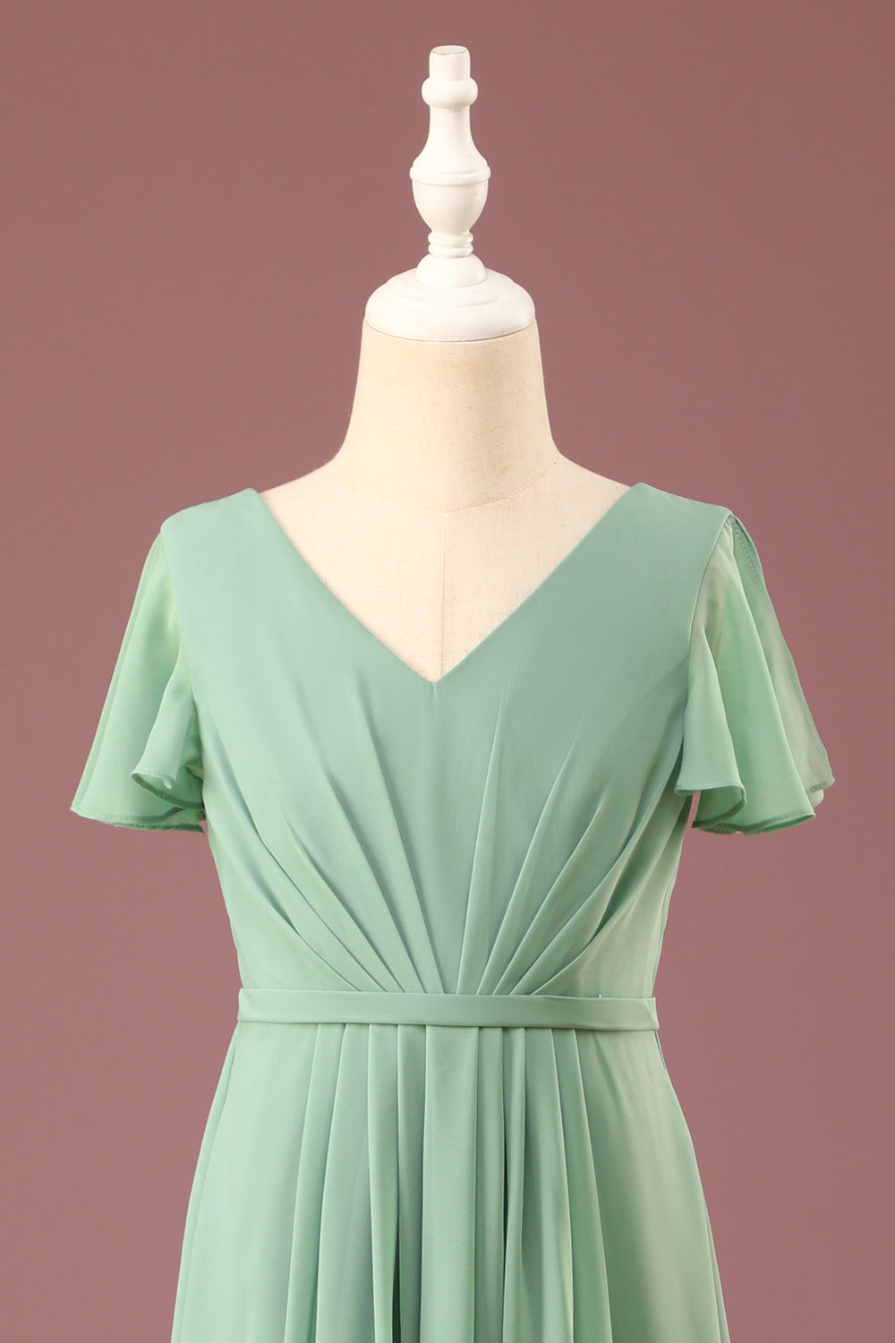 Matcha largo A-line Chiffon V-neck Mangas cortas Junior Bridesmaid Dress