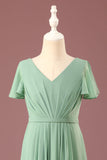 Matcha largo A-line Chiffon V-neck Mangas cortas Junior Bridesmaid Dress