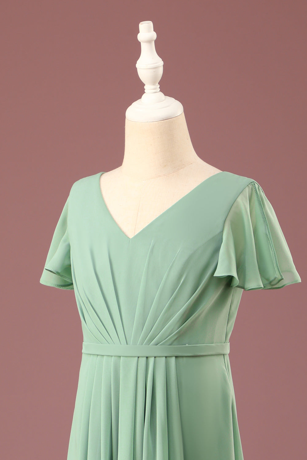 Matcha largo A-line Chiffon V-neck Mangas cortas Junior Bridesmaid Dress
