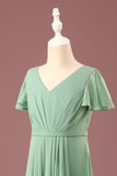 Matcha largo A-line Chiffon V-neck Mangas cortas Junior Bridesmaid Dress
