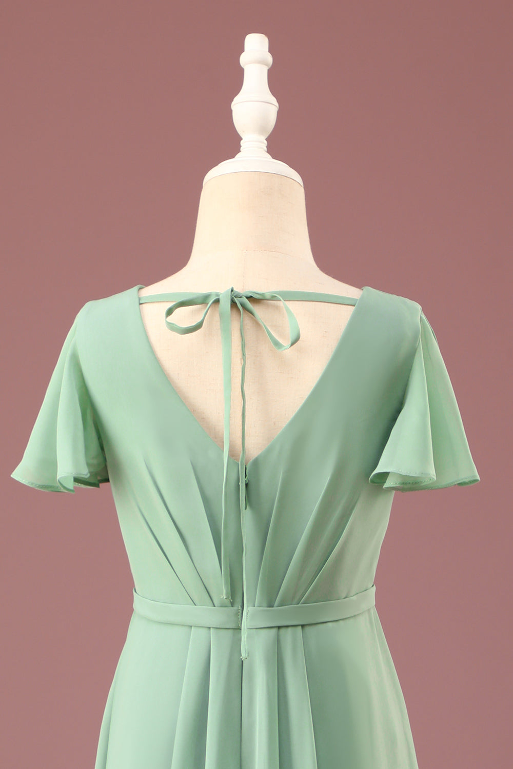 Matcha largo A-line Chiffon V-neck Mangas cortas Junior Bridesmaid Dress