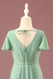 Matcha largo A-line Chiffon V-neck Mangas cortas Junior Bridesmaid Dress