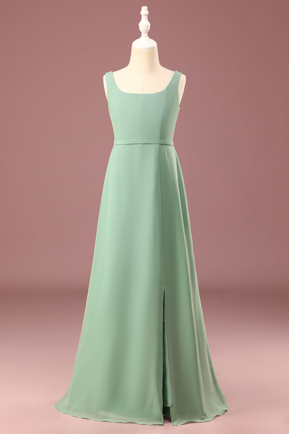 Matcha Cuello cuadrado sin mangas A-line Chiffon Maxi Junior Vestido de dama de honor