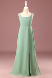Matcha Cuello cuadrado sin mangas A-line Chiffon Maxi Junior Vestido de dama de honor
