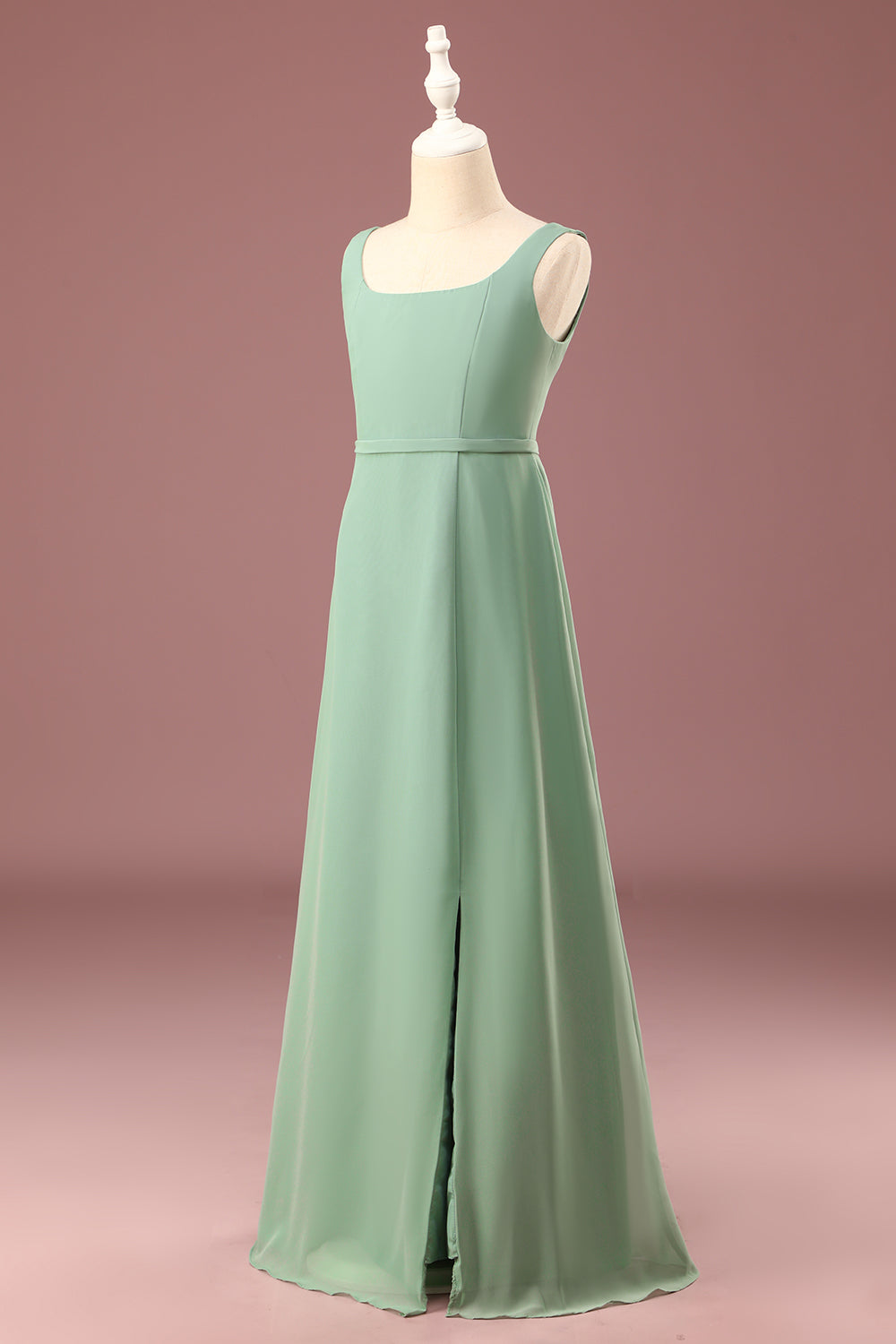Matcha Cuello cuadrado sin mangas A-line Chiffon Maxi Junior Vestido de dama de honor