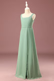 Matcha Cuello cuadrado sin mangas A-line Chiffon Maxi Junior Vestido de dama de honor
