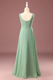 Matcha Cuello cuadrado sin mangas A-line Chiffon Maxi Junior Vestido de dama de honor