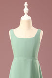 Matcha Cuello cuadrado sin mangas A-line Chiffon Maxi Junior Vestido de dama de honor