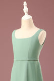 Matcha Cuello cuadrado sin mangas A-line Chiffon Maxi Junior Vestido de dama de honor