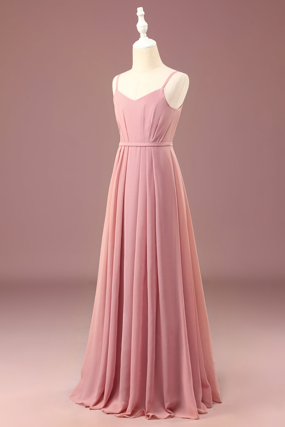 Dusty Rose A-line Chiffon Spaghetti Straps Long Pliated Junior Bridesmaid Dress