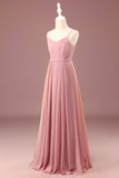 Dusty Rose A-line Chiffon Spaghetti Straps Long Pliated Junior Bridesmaid Dress