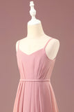 Dusty Rose A-line Chiffon Spaghetti Straps Long Pliated Junior Bridesmaid Dress