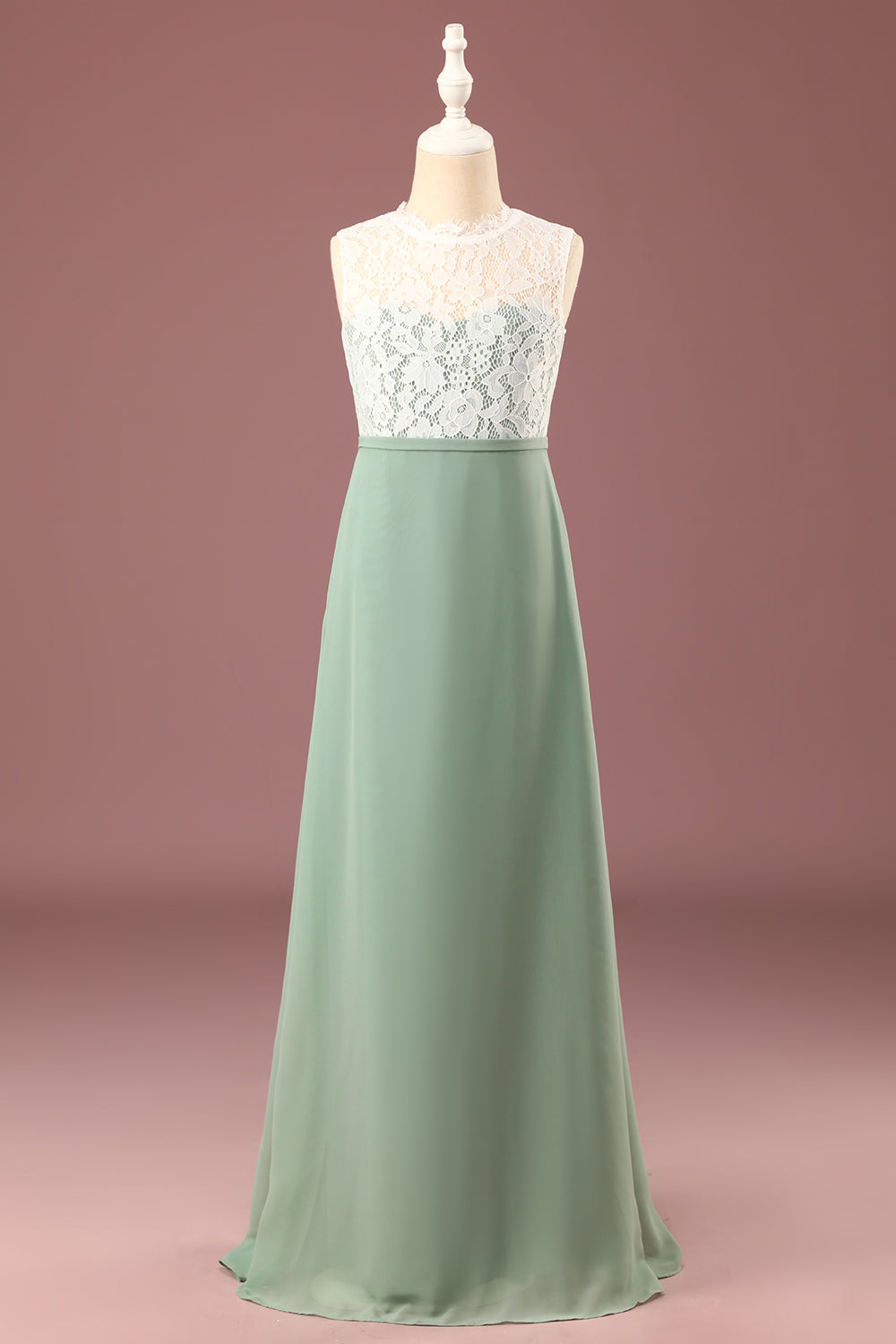 Matcha A-line Longitud del piso Cuello redondo sin mangas Vestido de dama de honor junior