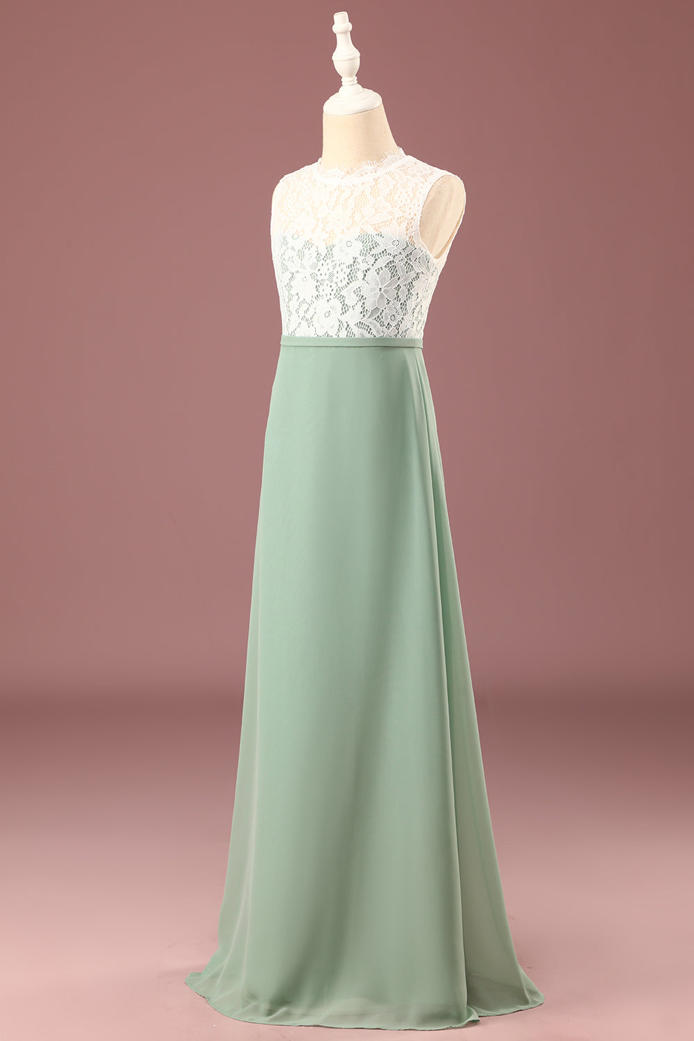 Matcha A-line Longitud del piso Cuello redondo sin mangas Vestido de dama de honor junior
