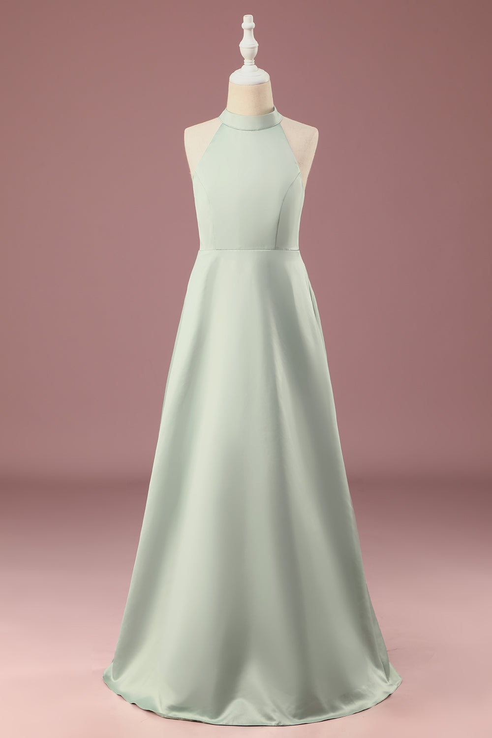 Matcha Satin A-line Halter sin mangas Vestido de dama de honor junior largo