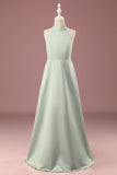 Matcha Satin A-line Halter sin mangas Vestido de dama de honor junior largo