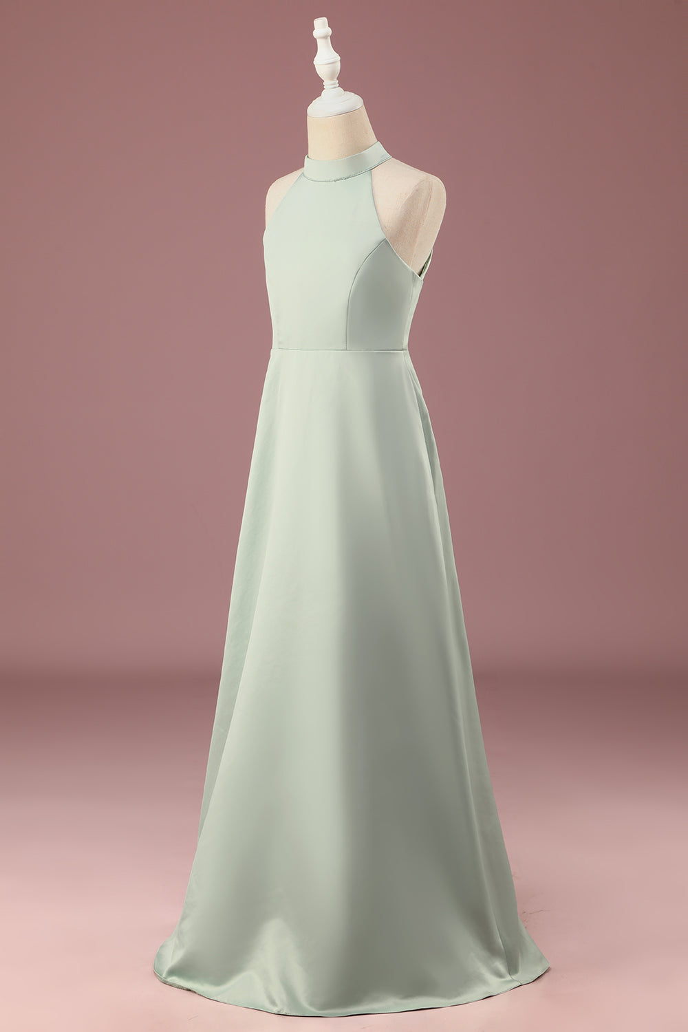 Matcha Satin A-line Halter sin mangas Vestido de dama de honor junior largo