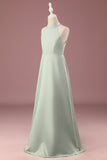 Matcha Satin A-line Halter sin mangas Vestido de dama de honor junior largo
