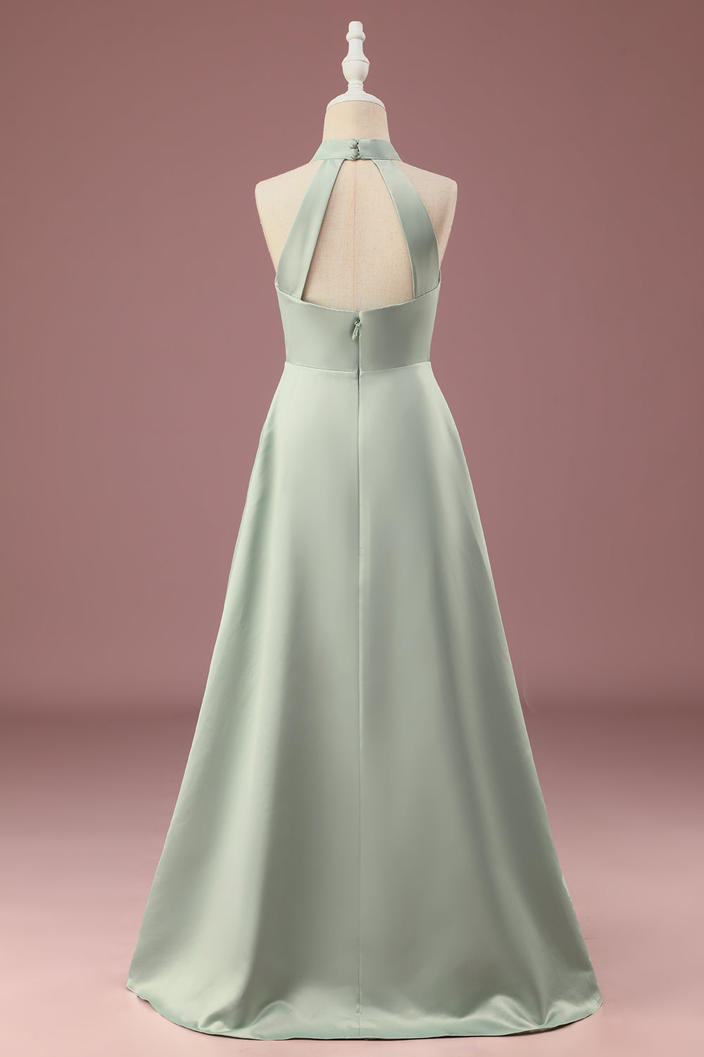 Matcha Satin A-line Halter sin mangas Vestido de dama de honor junior largo