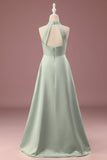 Matcha Satin A-line Halter sin mangas Vestido de dama de honor junior largo