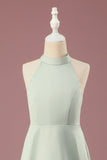 Matcha Satin A-line Halter sin mangas Vestido de dama de honor junior largo