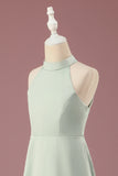 Matcha Satin A-line Halter sin mangas Vestido de dama de honor junior largo