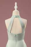 Matcha Satin A-line Halter sin mangas Vestido de dama de honor junior largo