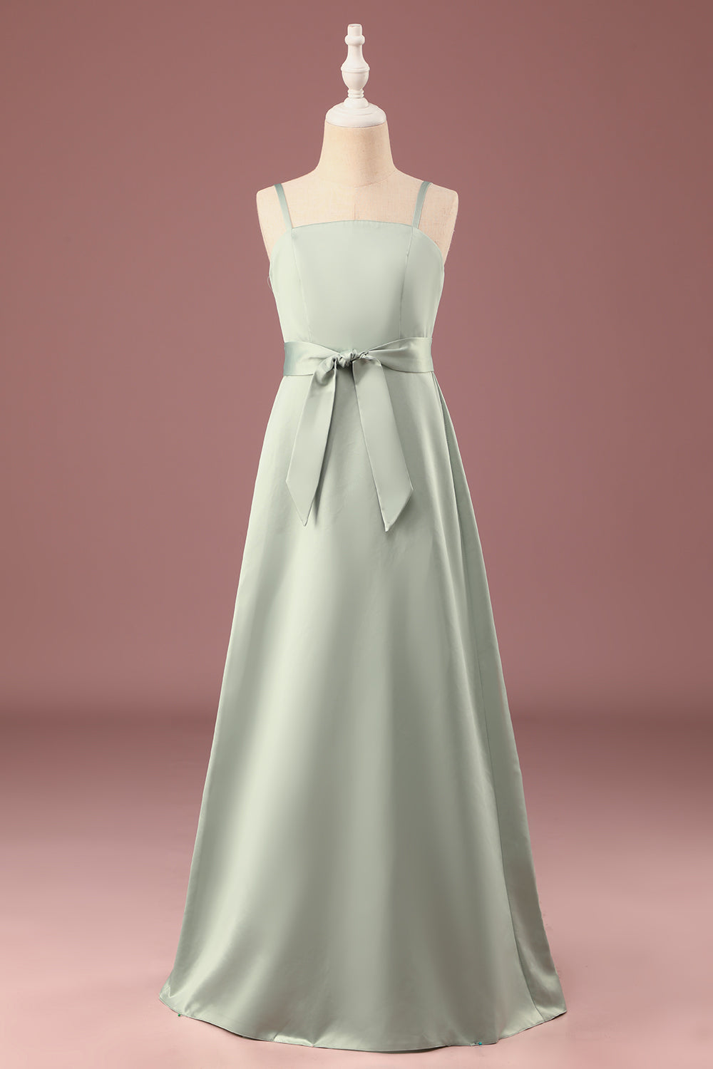 Matcha A-line satén espagueti correas largo junior vestido de dama de honor