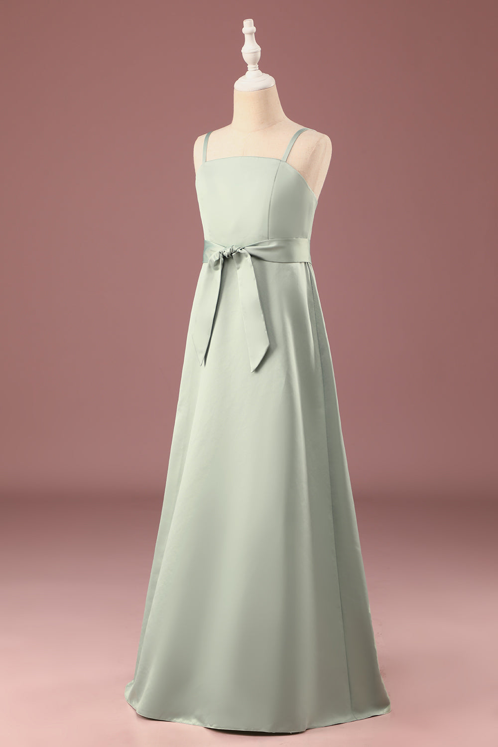 Matcha A-line satén espagueti correas largo junior vestido de dama de honor