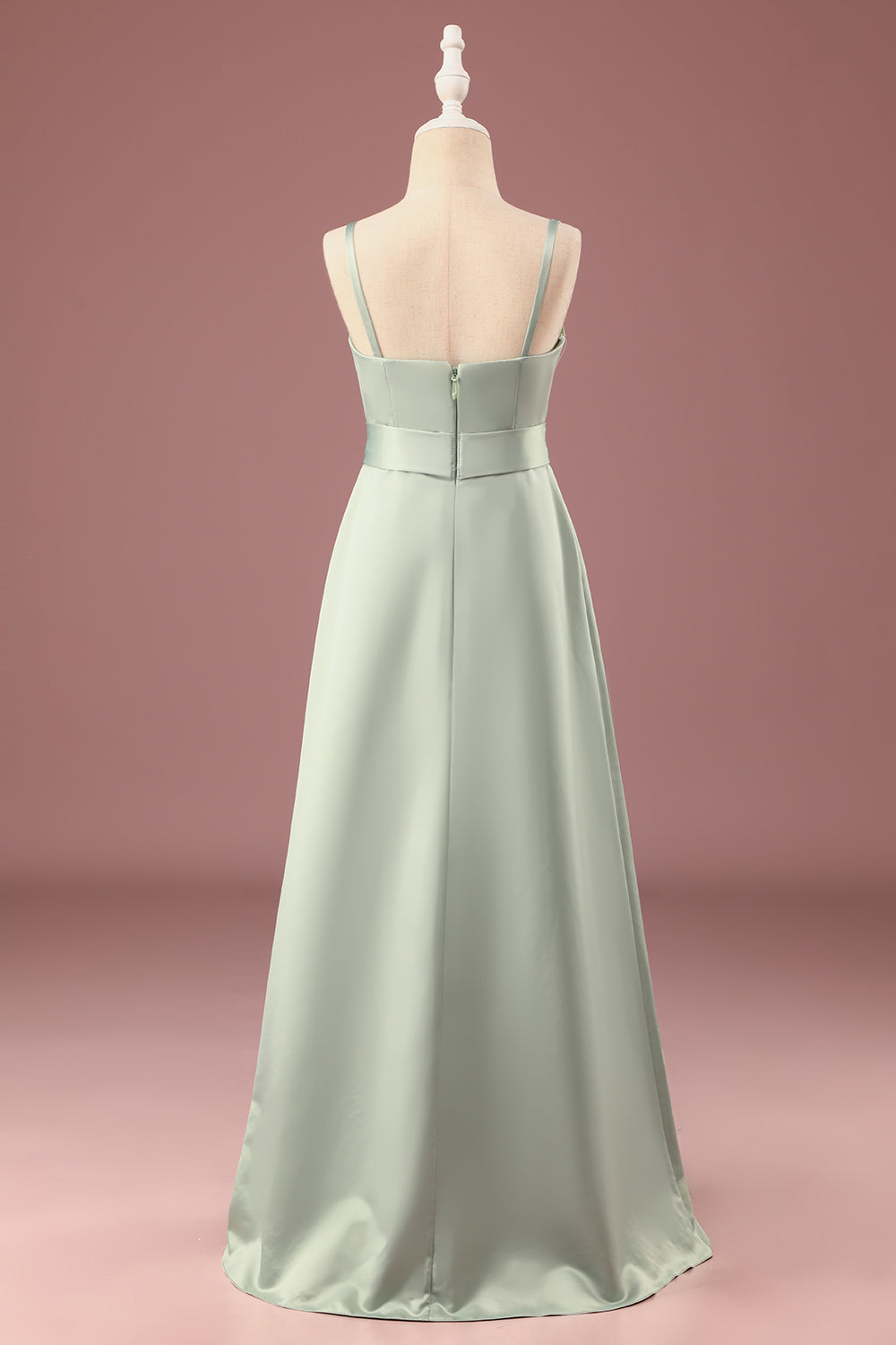Matcha A-line satén espagueti correas largo junior vestido de dama de honor