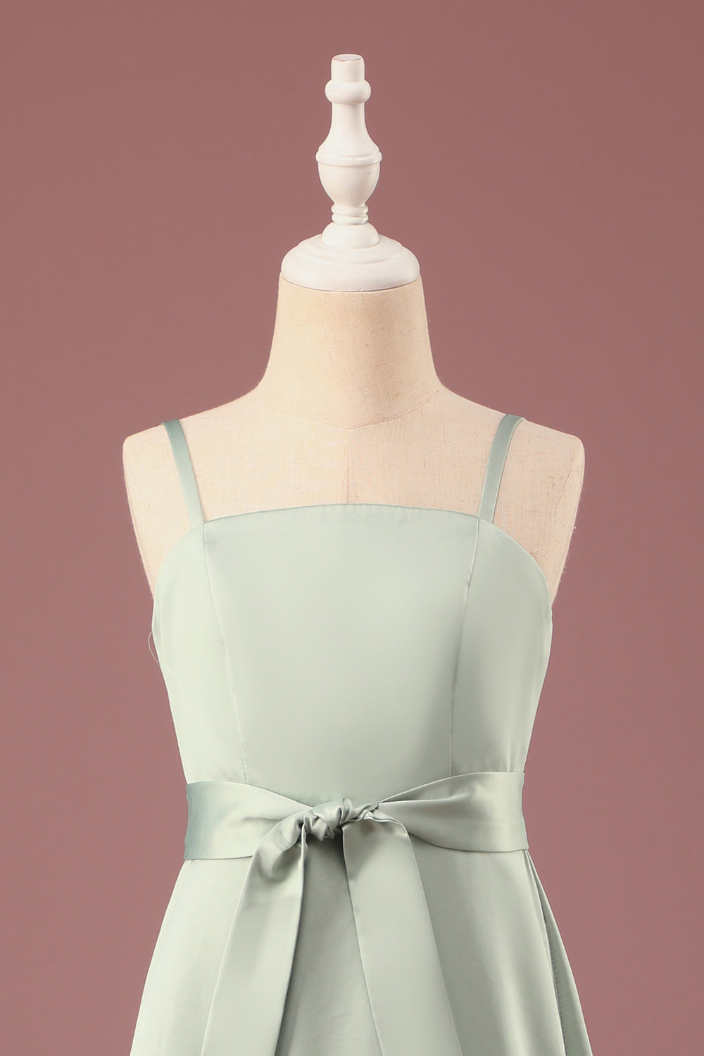 Matcha A-line satén espagueti correas largo junior vestido de dama de honor