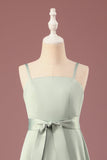 Matcha A-line satén espagueti correas largo junior vestido de dama de honor