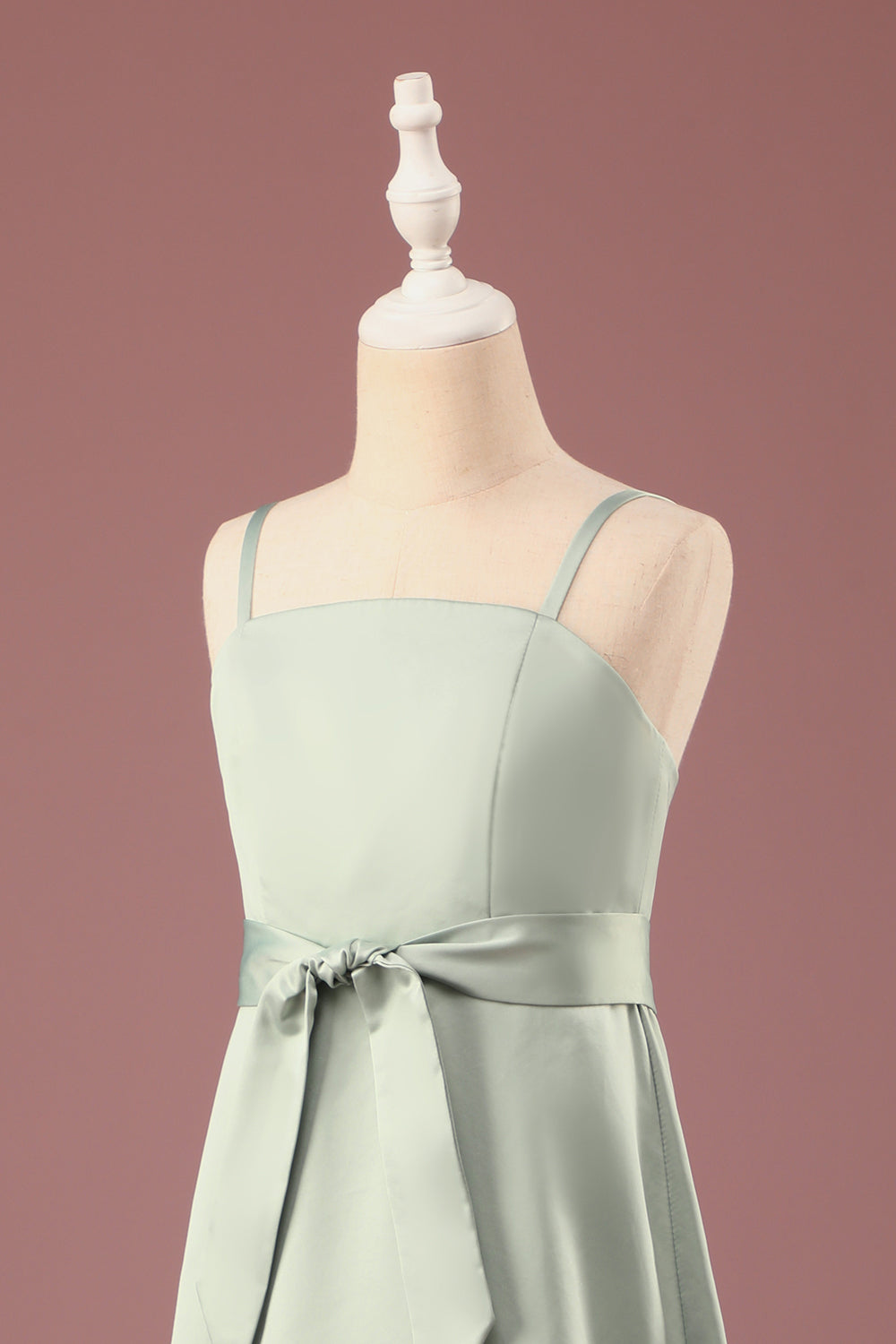 Matcha A-line satén espagueti correas largo junior vestido de dama de honor