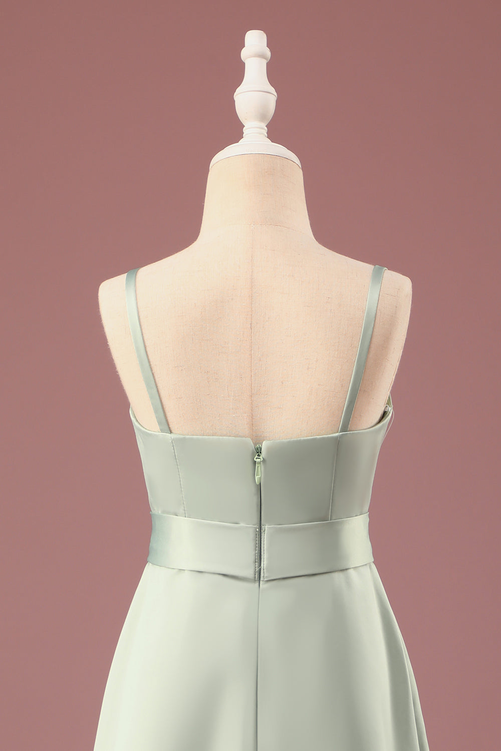 Matcha A-line satén espagueti correas largo junior vestido de dama de honor