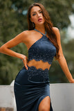 Vestido de fiesta azul marino con espalda abierta de dos piezas