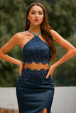 Vestido de fiesta azul marino con espalda abierta de dos piezas
